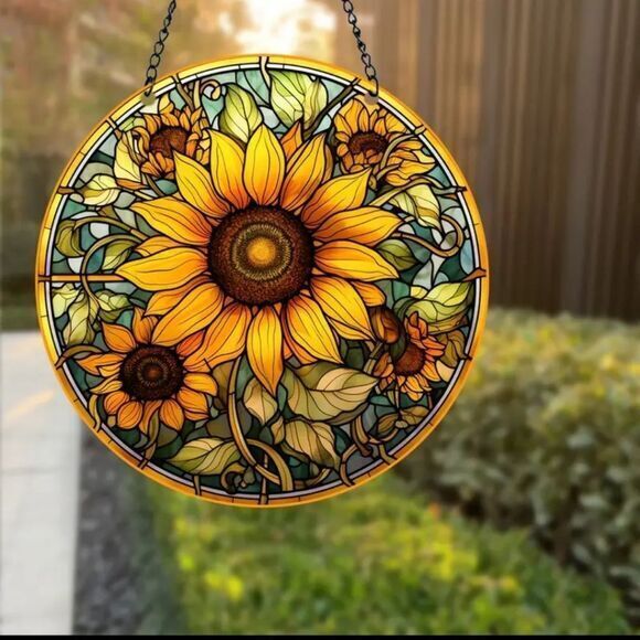 Sunflower Window Hanging, Suncatcher With Metal Chain 5.9 ×5.9 Inches - Picture 6 of 6
